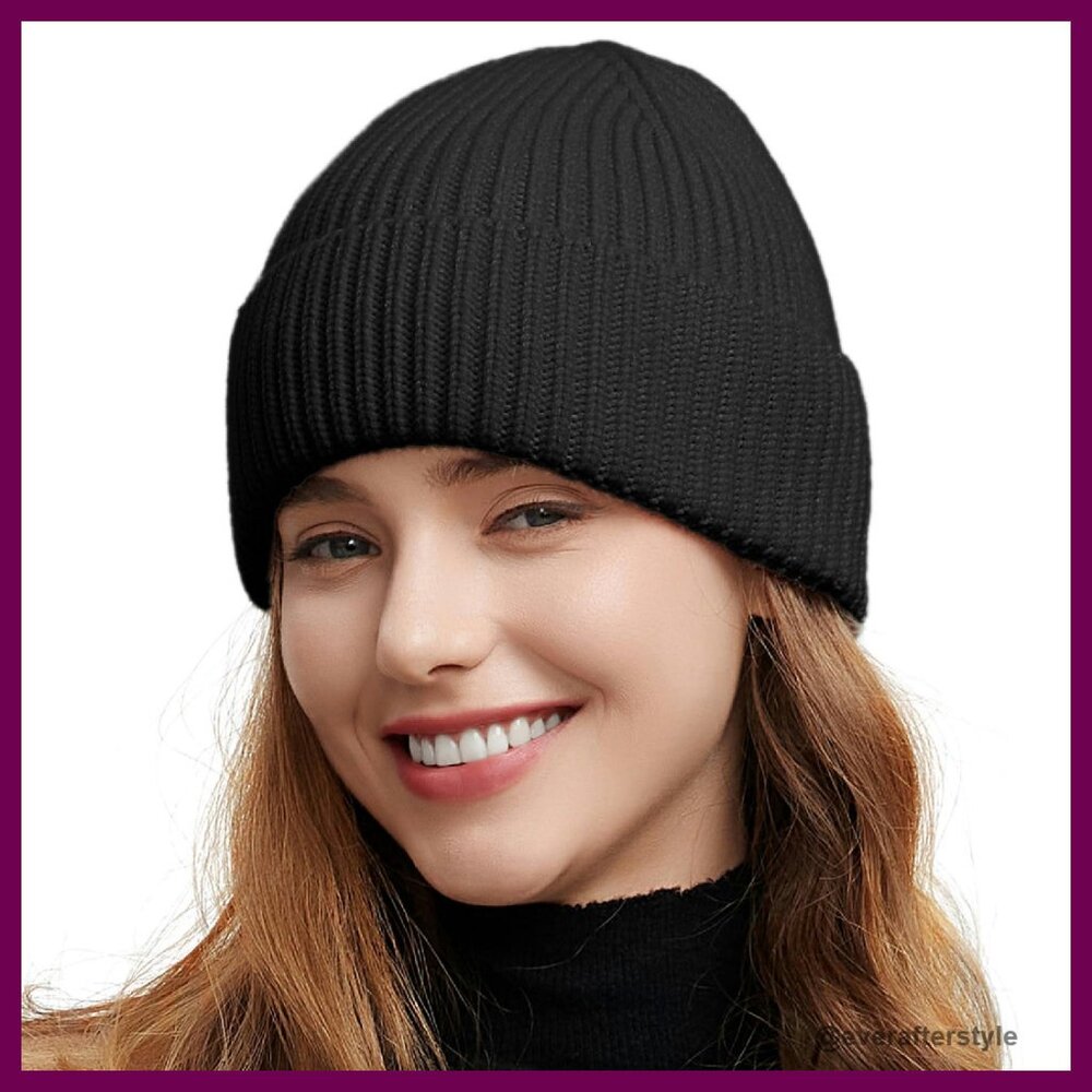 Thick Wool Knit Beanie Seamless Cuffed Fisherman Cap Unisex Winter